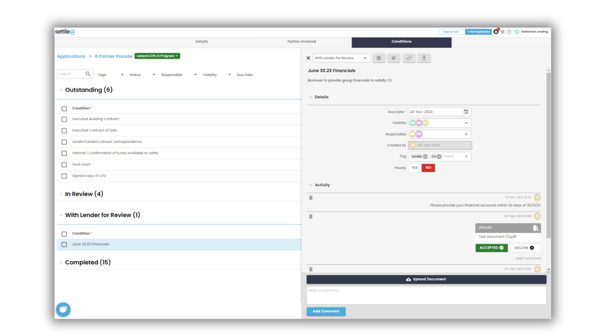 SettleTech platform - conditions tab